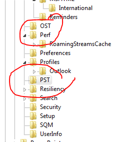 outlook pst and ost values in registry